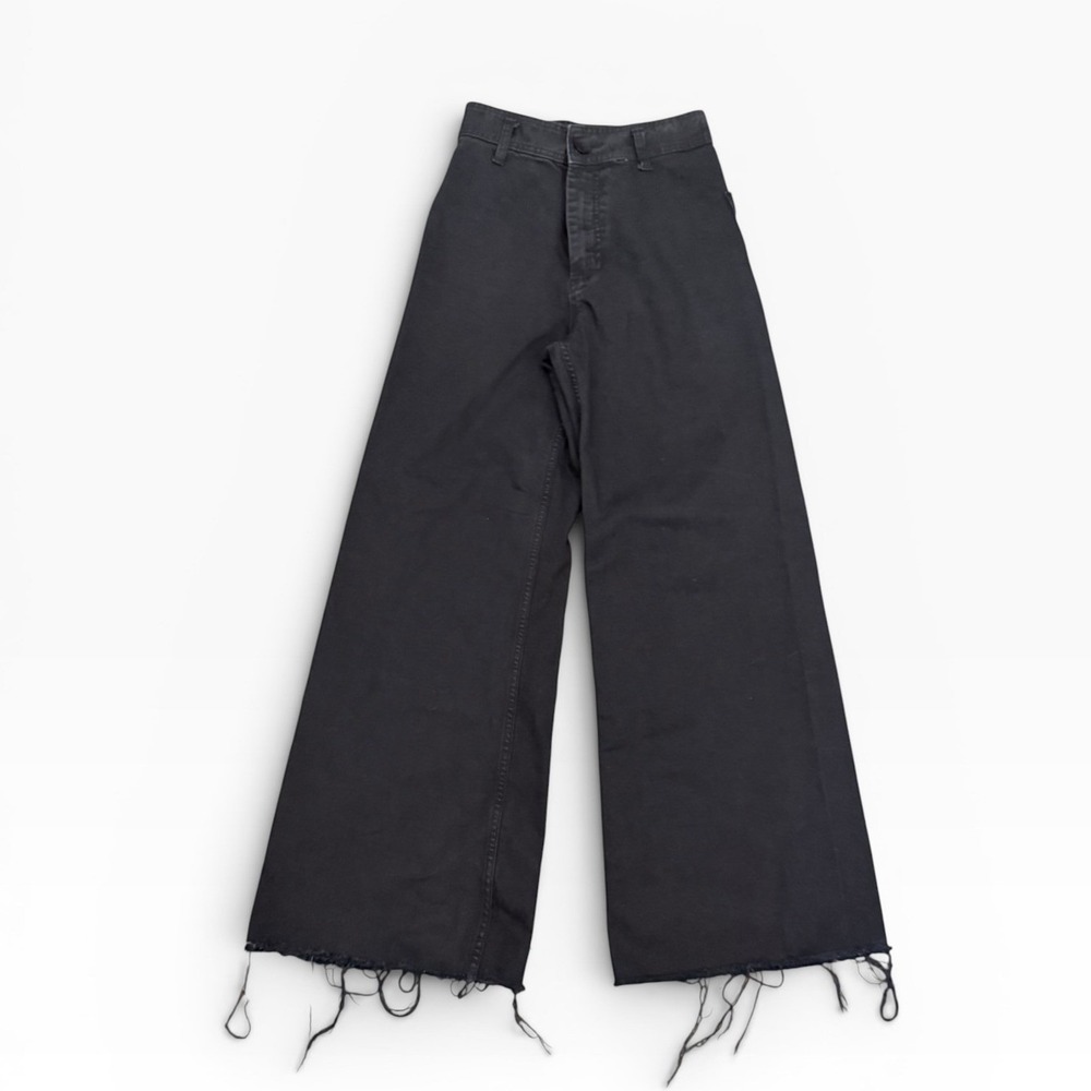 Zara Black Wide Leg Raw Fray Hem High Rise Jean Size 4 Stretch Patch Pockets EUC